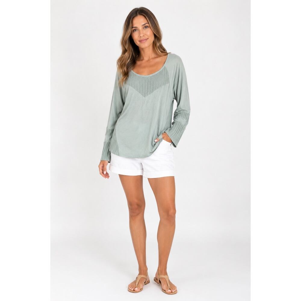 POL Women’s Green Mixed Ribbed Knit Long Sleeve Top Large Boho Casual